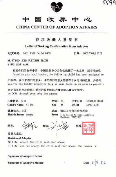 Letter Of Seeking Confirmation from Adopter - with this letter we agree to adopt Da Ni