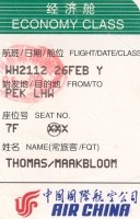 Thomas' boarding pass to Lanzhou