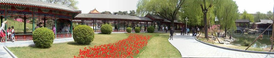 A panorama of the walkway and lake