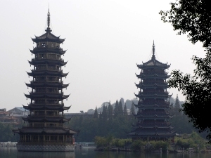 Twin pagodas on the lake in Guilin