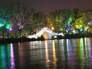 Highlighted bridge in the park in the centre of Guilin
