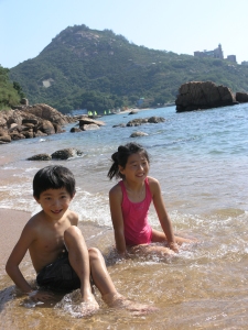 Enjoying the refreshing water on the beach at Stanley