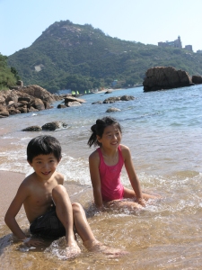 Enjoying the refreshing water on the beach at Stanley